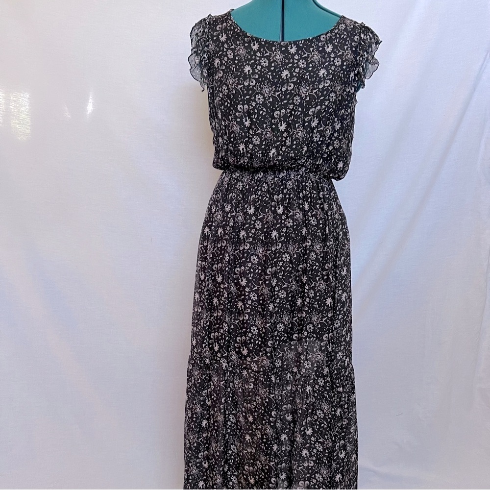 Black and White Maxi Silk Blend Sundress with Flutter Sleeves